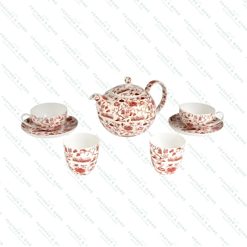 Faux Toile-Print Tea Set – Classic Red Design 1
