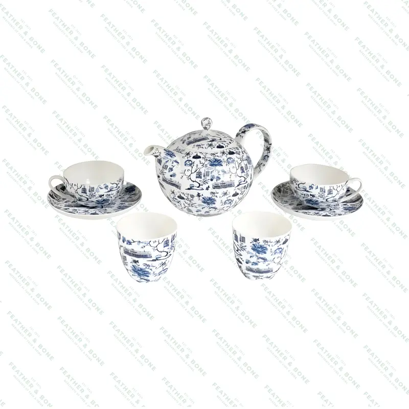 Faux Toile-Print Tea Set – Elegant Blue Design 1
