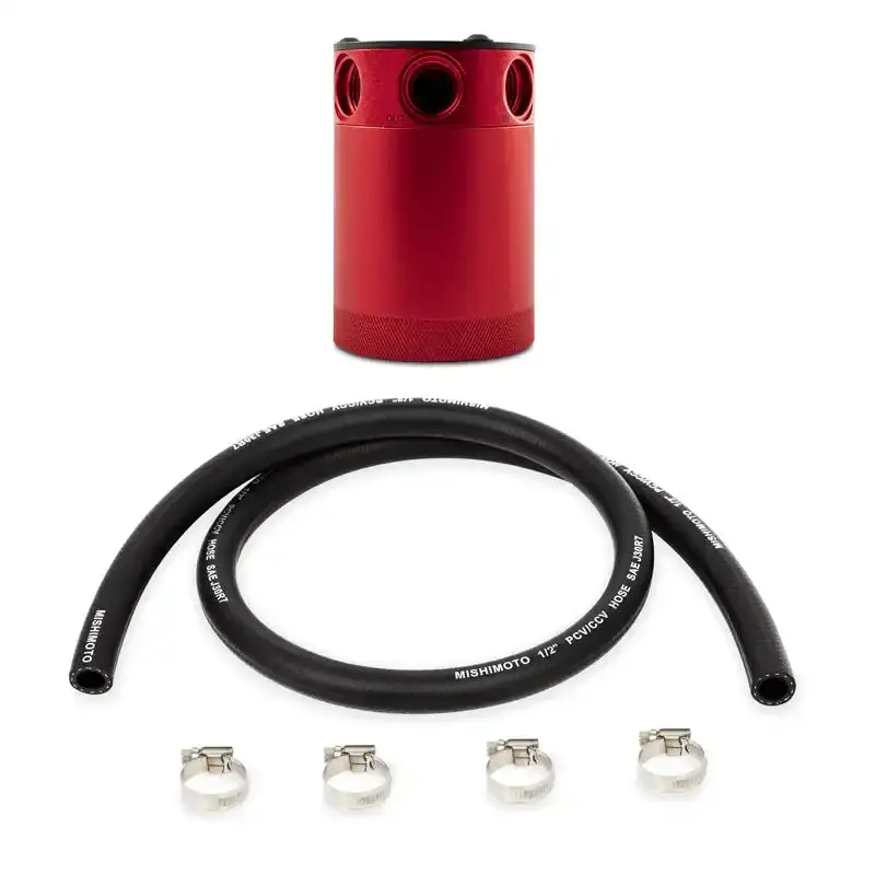 Mishimoto Universal 3-Port Oil Catch Can – Assembled Red Unit With Integrated Hose Kit 1